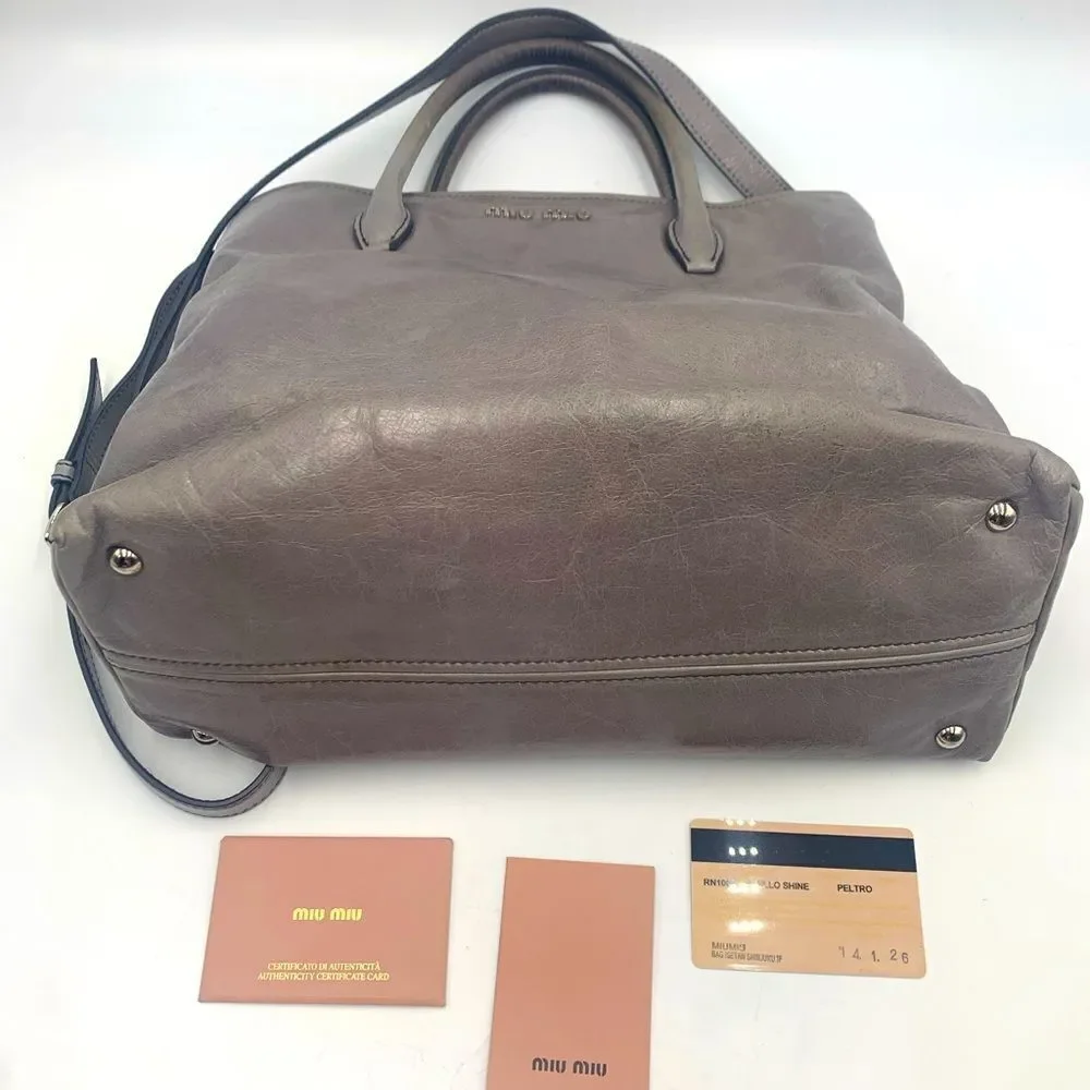Authentic Miu Miu Vitello Shine Peltro Gray Leather 2way Satchel Preloved